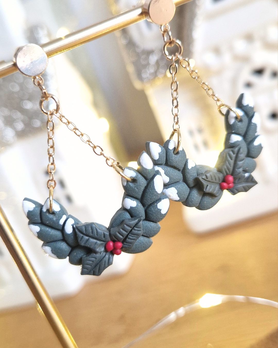 Boucles d’oreilles Couronne d'hiver – Feuilles et houx