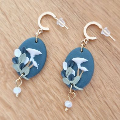 Boucles d’oreilles médaillon Champignons blancs & perle