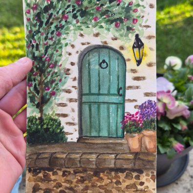 Affiche aquarelle Printemps au cottage – Illustration originale printanière, décoration murale nature poétique
