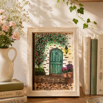 Affiche aquarelle Printemps au cottage – Illustration originale printanière, décoration murale nature poétique