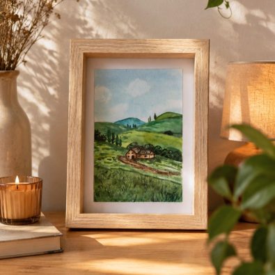 Illustration aquarelle originale – Cabane au cœur des collines