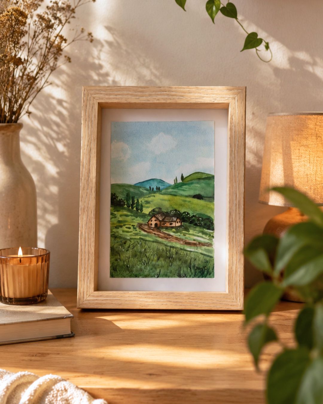 Illustration aquarelle originale – Cabane au cœur des collines