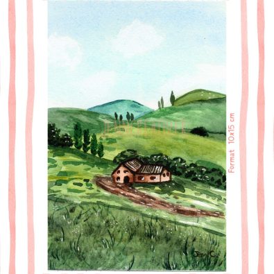 Illustration aquarelle originale – Cabane au cœur des collines
